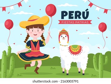 Felices Fiestas Patrias or Peruvian Independence Day Cartoon Illustration with Flag and Cute People for National Holiday Peru Celebration on 28 july in Flat Style Background