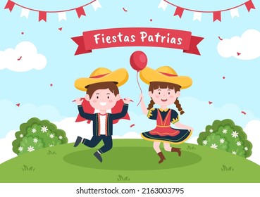 Felices Fiestas Patrias or Peruvian Independence Day Cartoon Illustration with Flag and Cute People for National Holiday Peru Celebration on 28 july in Flat Style Background