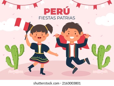 Felices Fiestas Patrias or Peruvian Independence Day Cartoon Illustration with Flag and Cute People for National Holiday Peru Celebration on 28 july in Flat Style Background