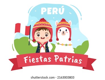 Felices Fiestas Patrias or Peruvian Independence Day Cartoon Illustration with Flag and Cute People for National Holiday Peru Celebration on 28 july in Flat Style Background