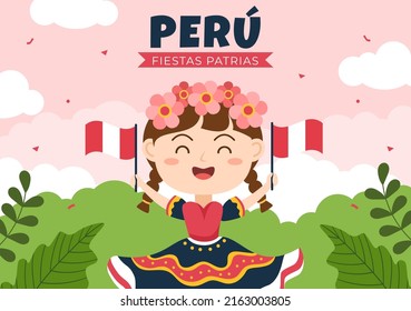 Felices Fiestas Patrias or Peruvian Independence Day Cartoon Illustration with Flag and Cute People for National Holiday Peru Celebration on 28 july in Flat Style Background