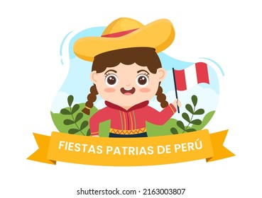 Felices Fiestas Patrias or Peruvian Independence Day Cartoon Illustration with Flag and Cute People for National Holiday Peru Celebration on 28 july in Flat Style Background