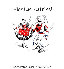 Felices Fiestas Patrias (spanish) - Happy independence Day in Chile, September. A couple in national costumes dancing Cueca, traditional dance. 