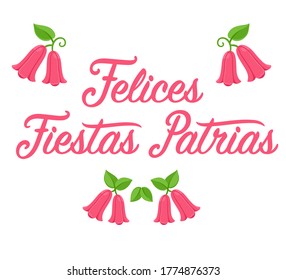 Felices Fiestas Patrias, Spanish for Happy National Holidays. Dieciocho, Independence Day of Chile. Text lettering with Copihue, Chilean national flower. Vector design set. 