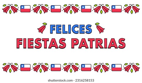 Felices Fiestas Patrias, Spanish for Happy National Holidays. Dieciocho, Independence Day of Chile. Text banner with Copihue flower and Chilean flag. Vector design set.