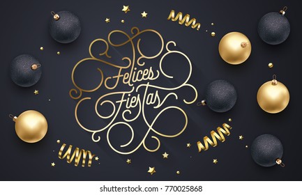 Felices Fiestas Spanish Merry Christmas Navidad flourish golden calligraphy lettering of swash gold typography for greeting card design. Vector Christmas golden decoration text on black background