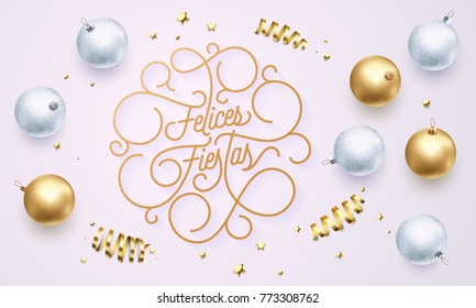 Felices Fiestas Spanish Merry Christmas Navidad flourish golden calligraphy lettering of swash gold typography for greeting card design. Vector Christmas golden decoration text on white background