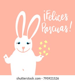 Felices Pascuas (Happy Easter) card template with cute bunny holding a decorated egg. Hand written lettering.