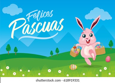 Felices Pascuas: Happy Easter in spanish. Bunny carrying easter eggs in baskets. Landscape background.