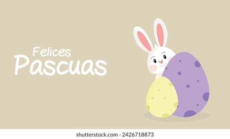 "Felices pascuas" means Happy Easter in spanish. Greeting card with cute white bunny and eggs inside a basket illustration