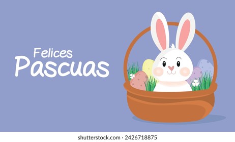 "Felices pascuas" means Happy Easter in spanish. Greeting card with cute white bunny and eggs inside a basket illustration