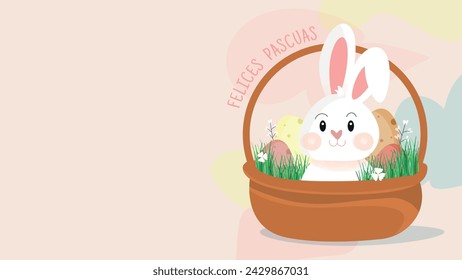 "felices pascuas" means happy easter in spanish. Cute little rabbit inside a basket with easter eggs and flowers illustration