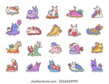 Felimare picta set with cute kawaii cartoon characters showing funny underwater creatures emotions and adorable elements for friendly ocean themes or creative design ideas