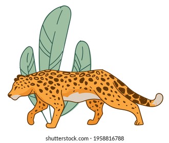 Feline animal, big cat with spots on furry coat, isolated hunting cheetah hiding by lush greenery or flowers. National park or safari, reserve or natural habitat, savannah. Vector in flat style