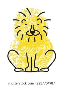 Feline animal thumbprint, isolated portrait of lion with hairy head coat. Cute personage living in pride, shaggy mane of mammal. Simple drawing of character with finger stamp, vector in flat style