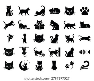 Feline Behavior and Cat Silhouette Collection, Comprehensive Cat and Kitten Icon Set , Cute Pet Cat Illustrations, Creative Cat Activity and Action Icon Set, 