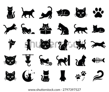 Feline Behavior and Cat Silhouette Collection, Comprehensive Cat and Kitten Icon Set , Cute Pet Cat Illustrations, Creative Cat Activity and Action Icon Set, 