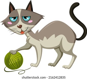 gato felino jugando con ilustración de bola de hilo