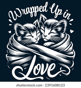 Feline Cuddle - Loving Cats Enveloped in Warmth Monochrome Design for Textile and Home Decor