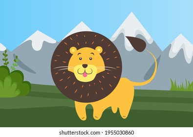 Feline with fluffy coat and large mane. Lion is resting in nature against background of mountains