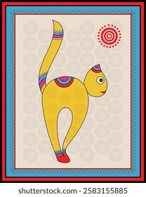 Feline Friends: Cat Depicted in Intricate Madhubani Style. Madhubani art, Mithila painting, Indian folk art, Madhubani cat.