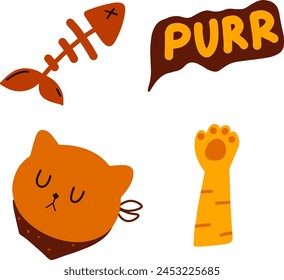 Diversión felina: Gato dormilón, espina de pescado e ilustración de texto ‘PURR’