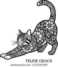 Tipografia de graça felina com gato alongamento para logotipo animal de estimação, crachá de ioga animal bonito, emblema gatinho doméstico e isolado na ilustração gráfica mamífera transparente