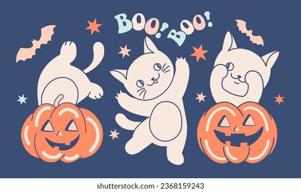 Feline Halloween party. Spooky Halloween print. Cute naughty kittens and pumpkins. Fun cats as Day of the Dead concept.