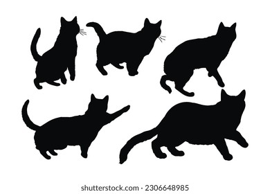 Feline jumping design on a white background. Cute home cat silhouette set vector. Cat jumping silhouette bundle design. Cute cat walking in different positions silhouette collection.