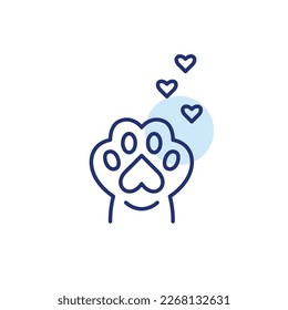 Feline pet paw up with hearts. Cat giving approval. Pixel perfect, editable stroke line icon