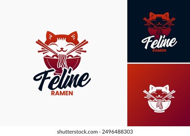 Feline Ramen Logo Design Template: Infuses charm and culinary delight, ideal for cat-themed eateries or ramen restaurants. Layered EPS Vector