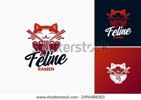 Feline Ramen Logo Design Template: Infuses charm and culinary delight, ideal for cat-themed eateries or ramen restaurants. Layered EPS Vector