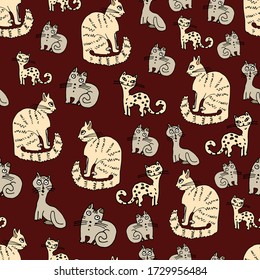 Feline Seamless Patern. Fancy cats on a dark background. Cartoon style. Stock illustration. Design for wallpaper, fabric, textile, packaging.