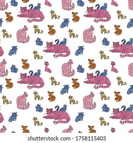 Paterón sin costura. Gatos fríos en el fondo blanco. Ilustración de acciones al estilo de dibujos animados. Diseño de papel pintado, tela, textil, embalaje.