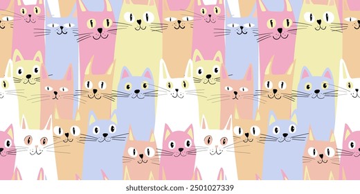 Feline seamless pattern. Cartoon cat characters in various pastel colors. Flat color design in simple style. Cute repetitive doodle style cats hand drawn.