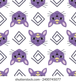 Feline seamless pattern. Cat heads with moon and stars background. Magic print with cats and squiggles for textile, paper, packaging, vector illustration