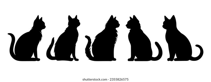 Silhouettes felino, gato negro - para el logo de un refugio de animales sin hogar. Tema animal. Poner gatos negros aislados en un fondo blanco. Ilustración vectorial, elementos decorativos de Halloween.