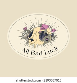 Feline skull with flowers vector illustration. Editable stroke. Macabre or postmortem aesthetic. Old school art decor. Sticker or tattoo design with phrase ALL BAD LUCK.