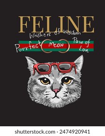 feline slogan with cool kitten and sunglasses vector illustration on black background