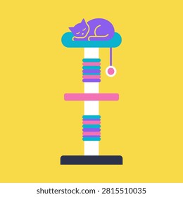 Feline tree, scratching post, sleeping cat, pet furniture, play area, climbing tower, domestic animal.
