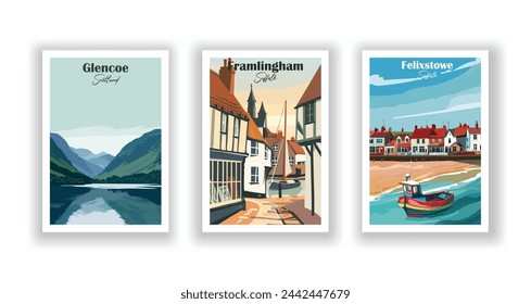 Felixstowe, Suffolk. Framlingham, Suffolk. Glencoe, Scotland - Set of 3 Vintage Travel Posters. Vector illustration. High Quality Prints