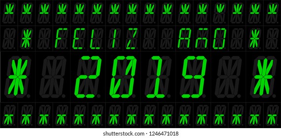 Feliz Año 2019, Happy New Year.. Vector illustration of an electronic 16 elements LED display with new year greetings. Spanish version. All elements groupped and sorted in layers for easy editing.
