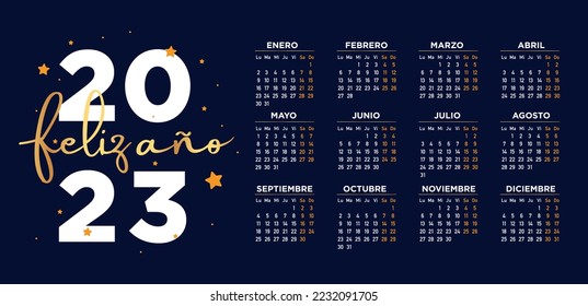 "feliz año 2023" means happy new year 2023 in spanish. Calendar week starts on monday.