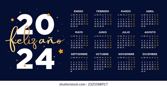 "feliz año 2024" means happy new year 2024 in spanish. Calendar week starts on monday.