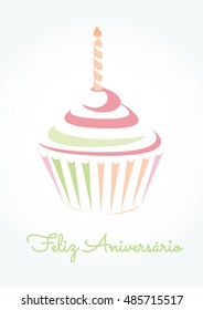 Feliz Aniverasario is Happy Birthday in Portuguese language. Cupcake with birthday candle in pastel colors icon vector.