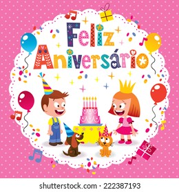 Feliz Aniversario Brazilian Portuguese Happy Birthday kids card