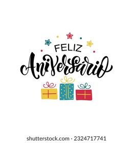 Feliz Aniversario handgeschriebener Satz auf Portugiesisch (Happy Birthday) einzeln auf weißem Hintergrund. Handschrift Typografie. Vektorfarbige Illustration mit Herzen für Grußkarte, Einladung