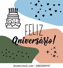 Feliz Aniversario. Lettering. Translation from Portuguese- Happy Birthday. Modern vector brush calligraphy. Ink illustration