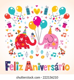 Feliz Aniversario Portuguese Happy Birthday cute elephants card