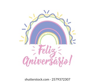 Feliz Aniversario. Translation from Portuguese - Happy Birthday. Perfect design for greeting cards, posters and social media. Portuguese Lettering.